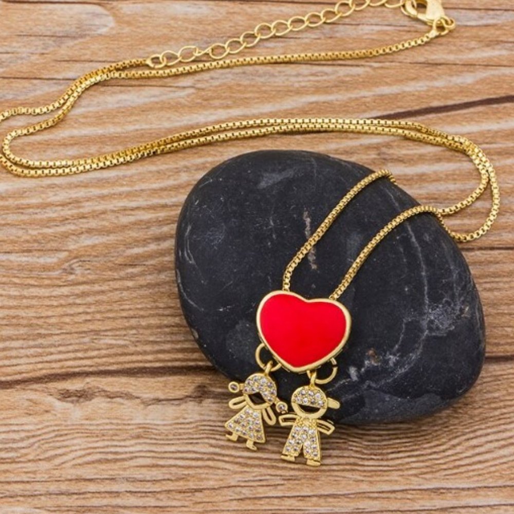 Mother's Choker Necklace - Boy & Girl Charms - Triple Gold Plated Copper